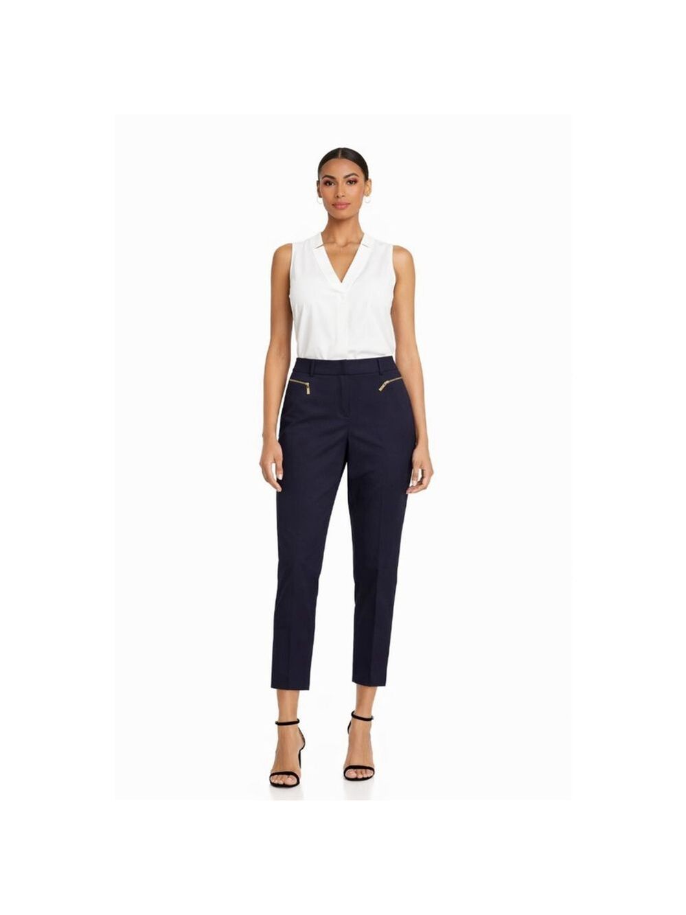 Chaus NY Dena Essentials Navy Pants Size 14 NWT Stretch Career Trousers Gold Zip